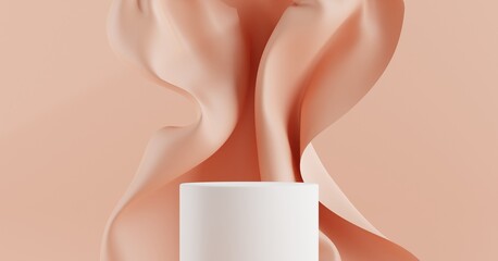 Aesthetic Podium Scene for Product Display with Swirly Fabric Drapery on Pastel Peach Color, Suitable for Product Placement and Product Branding 3d Rendering