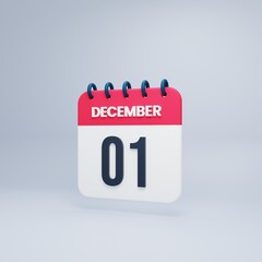 December Realistic Calendar Icon 3D Rendered Date December 01