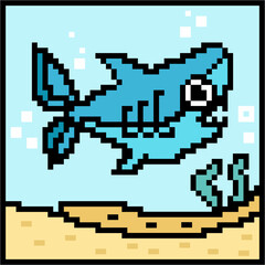 Vector pixel art illustration of a shark in the sea can be used for a book cover or for a poster