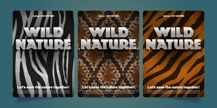 Wild nature protection flyers set. Collection of creative posters with realistic zebra, snake and tiger skin texture design. Exotic animals and wildlife conservation campaign. Vector illustration