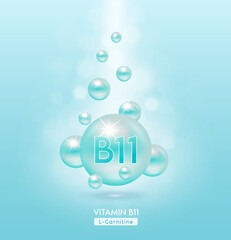 Vitamin B11 blue ball fall to ground. Serum vitamins complex with chemical formula. Beauty treatment nutrition skin care design. Medical and scientific concepts. 3D Realistic Vector EPS10.