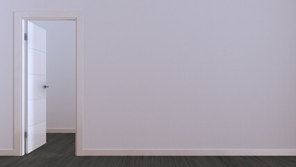 Open door on white wall, mock up with copy space. Empty room with parquet floor in dark tones. Minimalist interior design