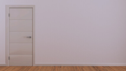 Closed door on white wall, mock up with copy space. Empty room with parquet floor. Minimalist interior design