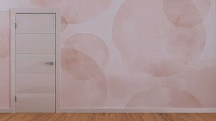 Closed door on white wall, mock up with copy space. Empty room with parquet floor and orange wallpaper. Minimalist interior design