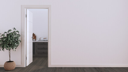 Open door on wooden rattan kitchen with gas hob, mock up with copy space. Empty room with dark parquet floor and white wall. Minimalist interior design