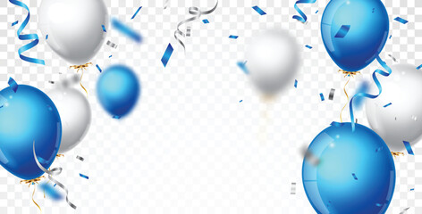 Birthday Celebrations banner with blue, white balloons and confetti