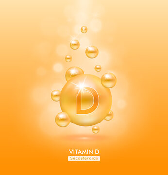 Vitamin D orange ball fall to ground. Serum vitamins complex with chemical formula. Beauty treatment nutrition skin care design. Medical and scientific concepts. 3D Realistic Vector EPS10.