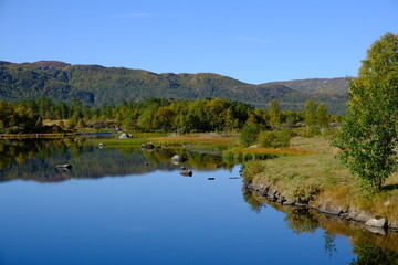 Fototapeta na wymiar Lake and mountain reflections in Autumn, Geilo, Norway