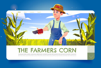 Farmers corn cartoon landing page. Worker with pruner on maize field. Man collect harvest or care of plants on agricultural farm. Food production, vegetable cultivation, agronomy Vector web banner