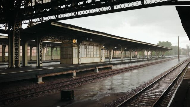 vintage retro old train station foggy rainy empty apron . High quality 4k footage. no trains no people nineteenth century