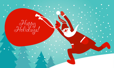 Santa Claus behind white banner having fun. Cute Christmas and Happy Holidays vector illustration card

