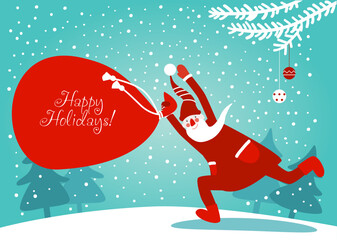 Santa Claus behind white banner having fun. Cute Christmas and Happy Holidays vector illustration card
