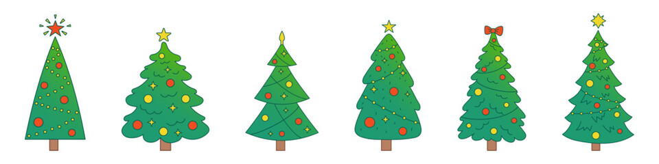 Vector New Year set with christmas trees. Evergreen trees with balls, stars and garlands. Gradient fir trees for Christmas.