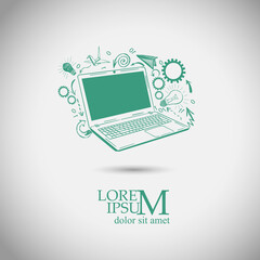 Abstraction laptop with gears. logo green computer. Vector illustration