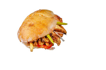 Doner kebab in breadcrumbs on transparent background. kebab in sandwich bread.
