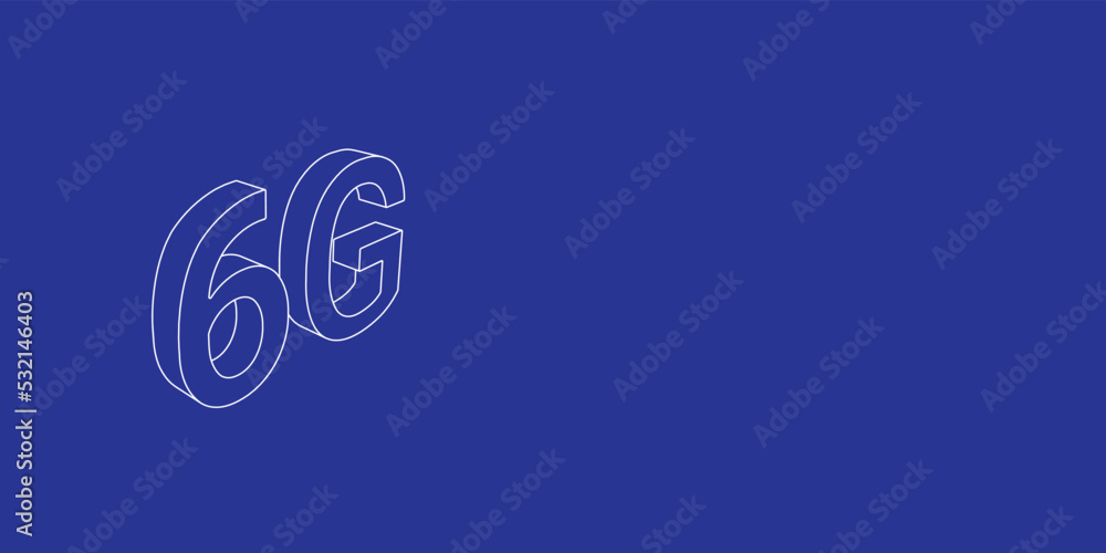 Poster the outline of a large 6g symbol made of white lines on the left. 3d view of the object in perspecti
