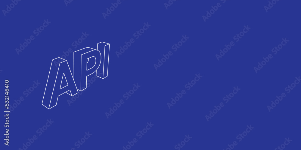 Poster the outline of a large api symbol made of white lines on the left. 3d view of the object in perspect