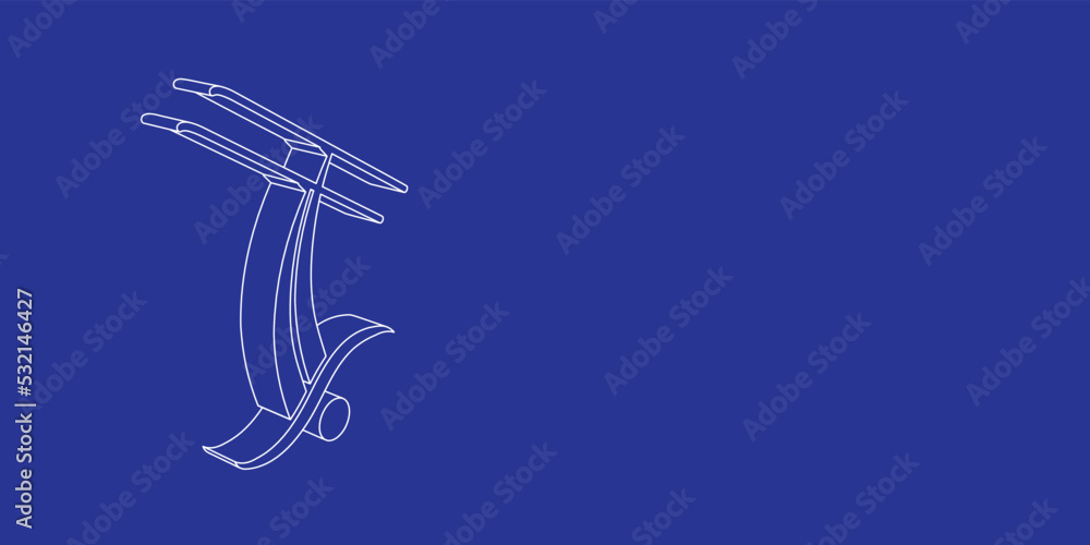 Poster the outline of a large freestyle skiing symbol made of white lines on the left. 3d view of the objec