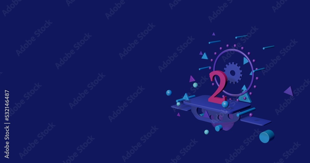 Poster pink number two symbol on a pedestal of abstract geometric shapes floating in the air. abstract conc