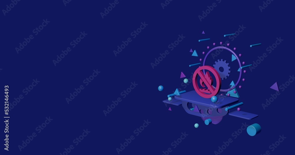 Poster pink no gas symbol on a pedestal of abstract geometric shapes floating in the air. abstract concept 