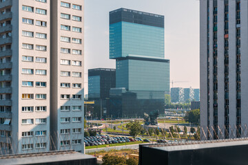 Silhouette of buildings against the blue sky in the morning. City panorama. Residential and office...