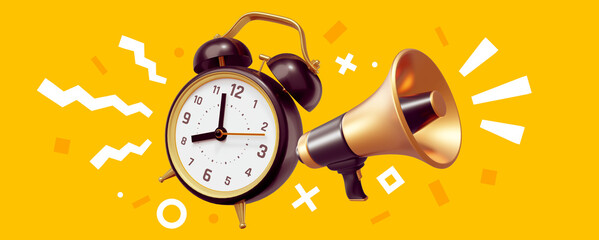 3d illustration of black retro alarm clock with arrow and golden megaphone on yellow color background - obrazy, fototapety, plakaty