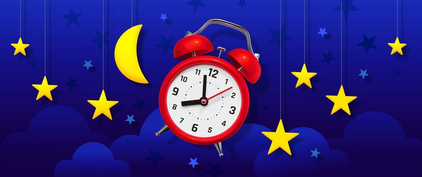 3d illustration of red retro alarm clock with arrow and star, moon, cloud