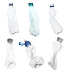Set with empty crumpled bottles on white background