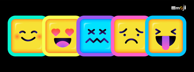 Square Emoticons set. Yellow Emoji faces emoticon smile, digital smiley expression emotion feelings, chat cartoon emotes. Vector illustration icons