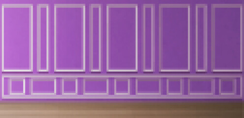 Empty room with purple panels on wall and wooden floor. Vector realistic 3d illustration of house interior in vintage victorian style with white molding frames on wall