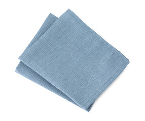 Fototapeta na wymiar New clean light blue cloth napkins isolated on white, top view
