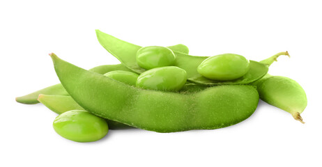 Fresh green edamame pods and beans on white background