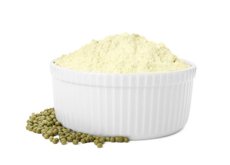Mung bean flour in bowl and seeds isolated on white