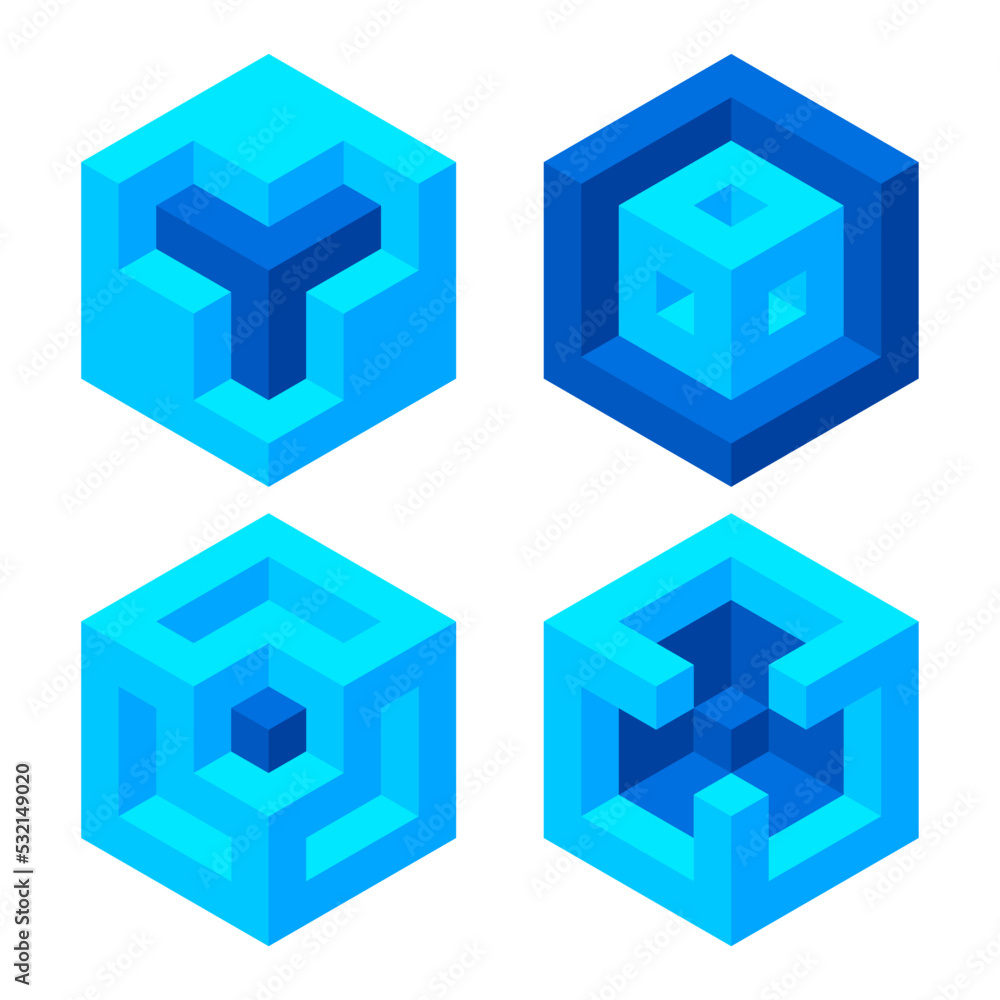 Poster set of illusory cubes made of blocks. the isometric cube turns in different angles.