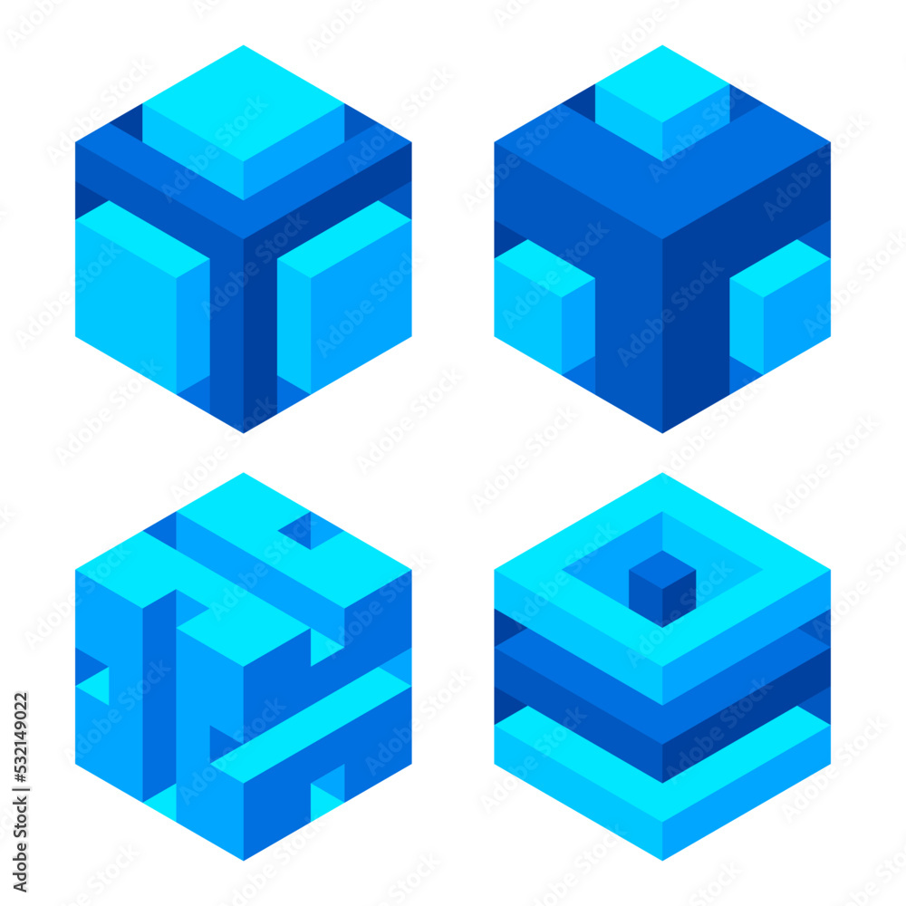 Poster set of illusory cubes made of blocks. the isometric cube turns in different angles.