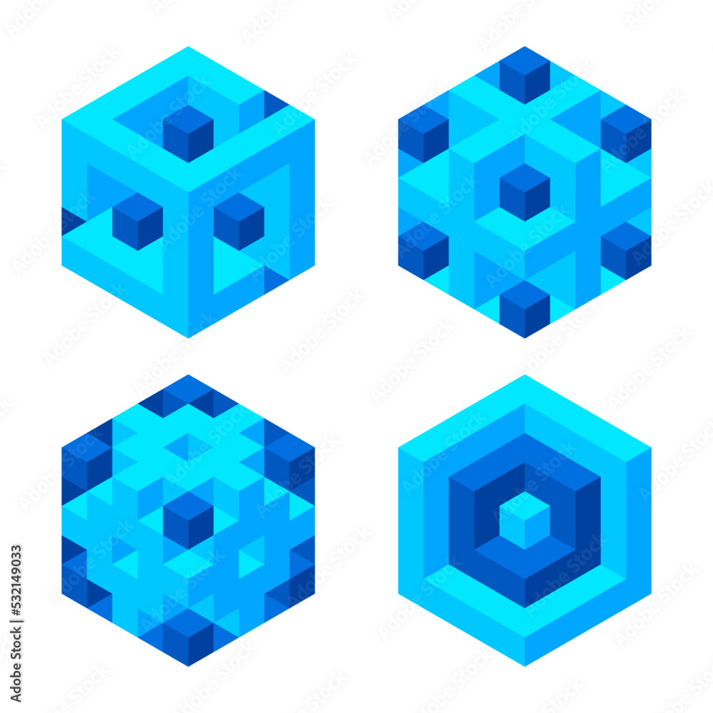 Poster set of illusory cubes made of blocks. the isometric cube turns in different angles.