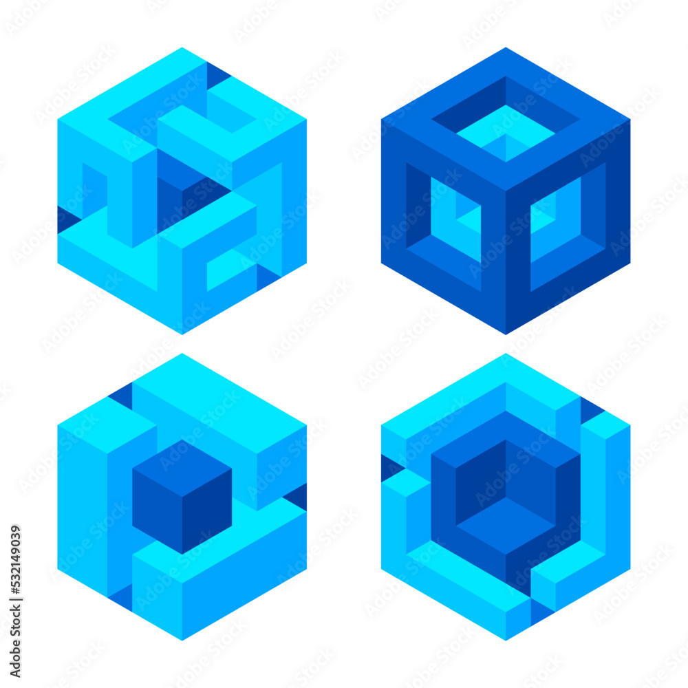 Poster set of illusory cubes made of blocks. the isometric cube turns in different angles.