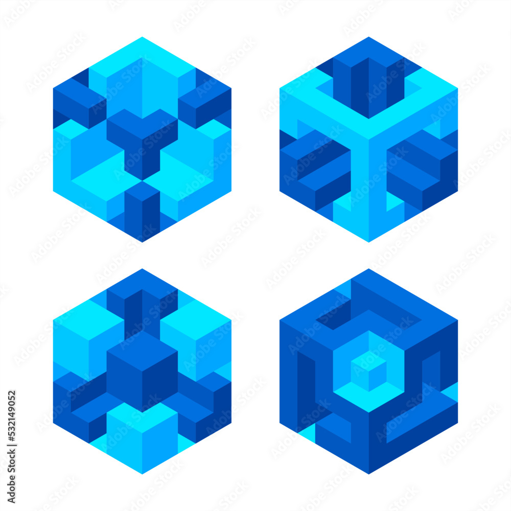 Poster set of illusory cubes made of blocks. the isometric cube turns in different angles.