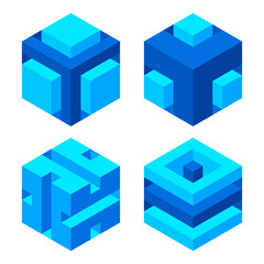 Set of illusory cubes made of blocks. The isometric cube turns in different angles. 