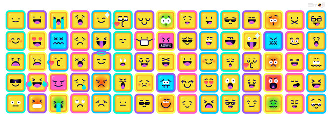 Square Emoticons set. Yellow Emoji faces emoticon smile, digital smiley expression emotion feelings, chat cartoon emotes. Vector illustration icons