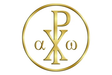 Crismón dorado con alfa y omega en círculo