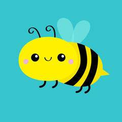 Obraz premium Bee icon. Cute flying honeybee. Bumblebee bug. Honey bee. Cartoon kawaii baby character. Insect collection. Greeting card. Flat design. Blue sky background. Isolated.