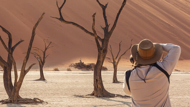 A tourist in a hat photographs petrified camel acacias in Deadvlei Valley. Namibia