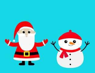 Snowman and Santa Claus icon. Merry Christmas. Cute cartoon kawaii funny baby character. Hands up. Blue background. Greeting card. Flat design