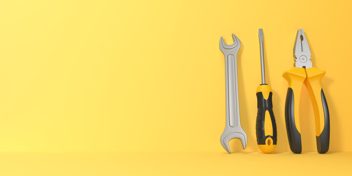 Wrench, screwdriver and pliers on a yellow background with copy space. Front view. Minimal creative concept. 3d render illustration