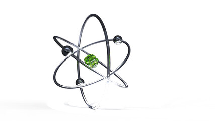 atom model with nice translucent floor shadow glass spheres and light spring green berry like nucleus center 3d Rendering