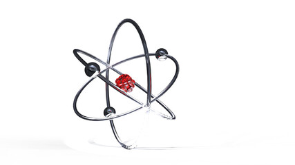 atom model with nice translucent floor shadow glass spheres and red berry like nucleus center 3d Rendering