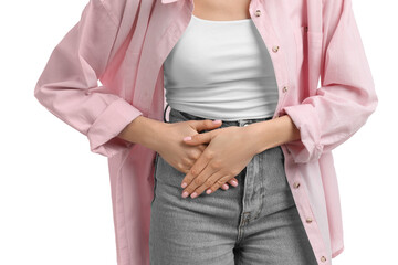 Woman suffering from appendicitis inflammation on white background, closeup