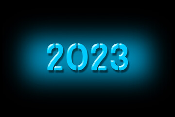 2023. Blue neon numbers are isolated on black background. New Year holidays. Design element.