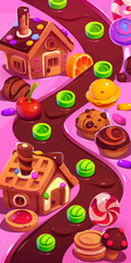 Candy planet game ui level map. Cartoon 2d fantasy landscape with sweets, desserts, and lollipops at chocolate river, graphics for pc or mobile arcade, menu interface design, Vector illustration